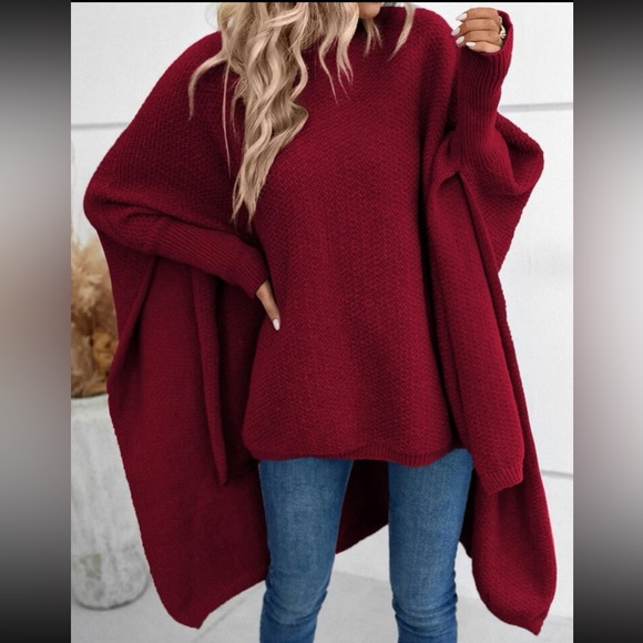 Cozy Mock Neck Dolman Sleeve High Low Hem knit Sweater Cape - Picture 11 of 16